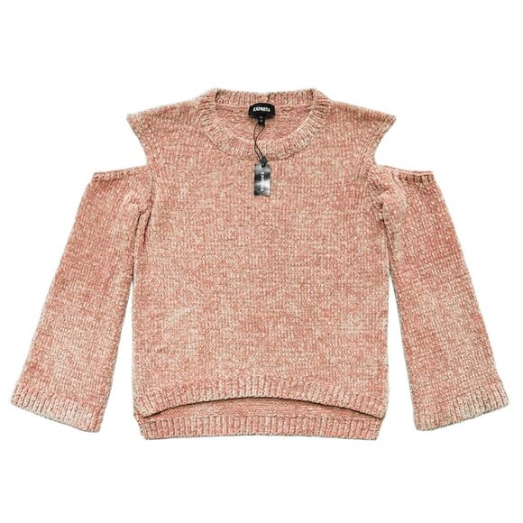 NWT EXPRESS Pink Metallic Cold Shoulder Chenille Sweater Small Bell Sleeve S NEW - Picture 4 of 8